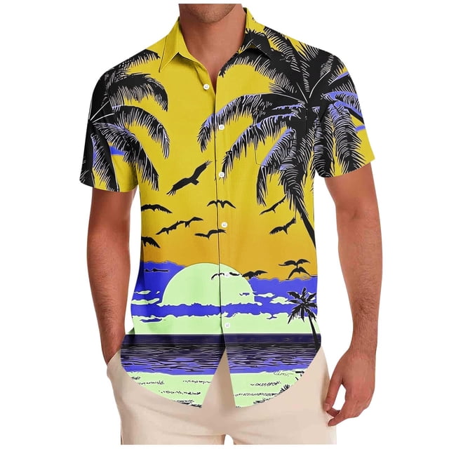 Mens Casual Manga Corta Botón Abajo Camisas Impresas Botón de Bolsillo Turndown Collar Blusa para Verano Al Aire Libre Casual Diario
