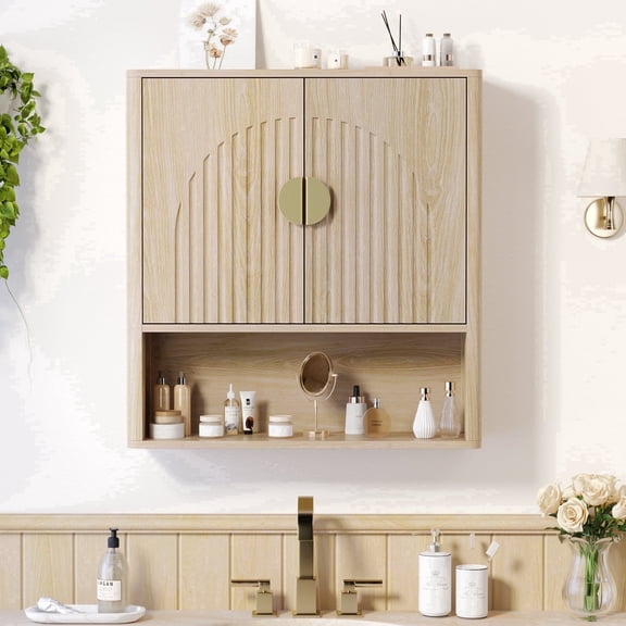 Aufeile Bathroom Wall Mounted Cabinet with Fluted Arched Door and Adjustable Shelf, Wood Medicine Cabinet Storage Organizer for Laundry Living Room, Natural Oak