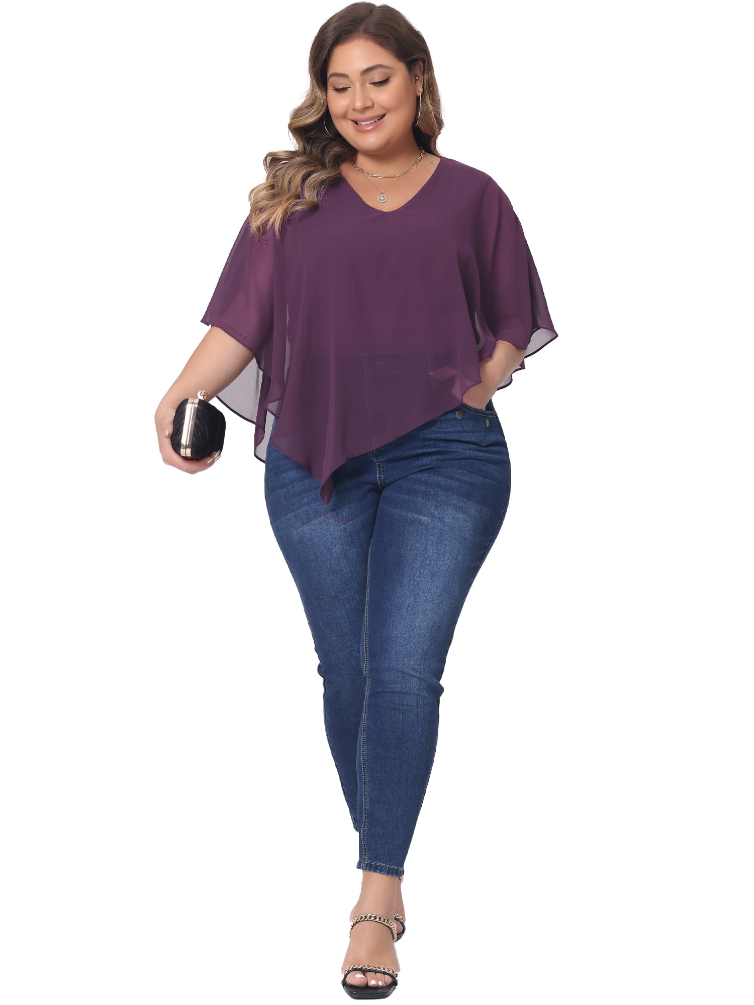 DARING DIVA Women's Plus V Neck Flowy Double Layered Chiffon Blouse 3X Purple