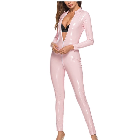 Hfnxid Women's PVC Shiny Bodysuit Sleepwear Faux Leather Open Jumpsuit
