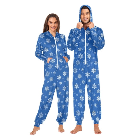 Adult Christmas Onesie White Snowflakes Zipper One-Piece Pajamas Unisex with Pockets