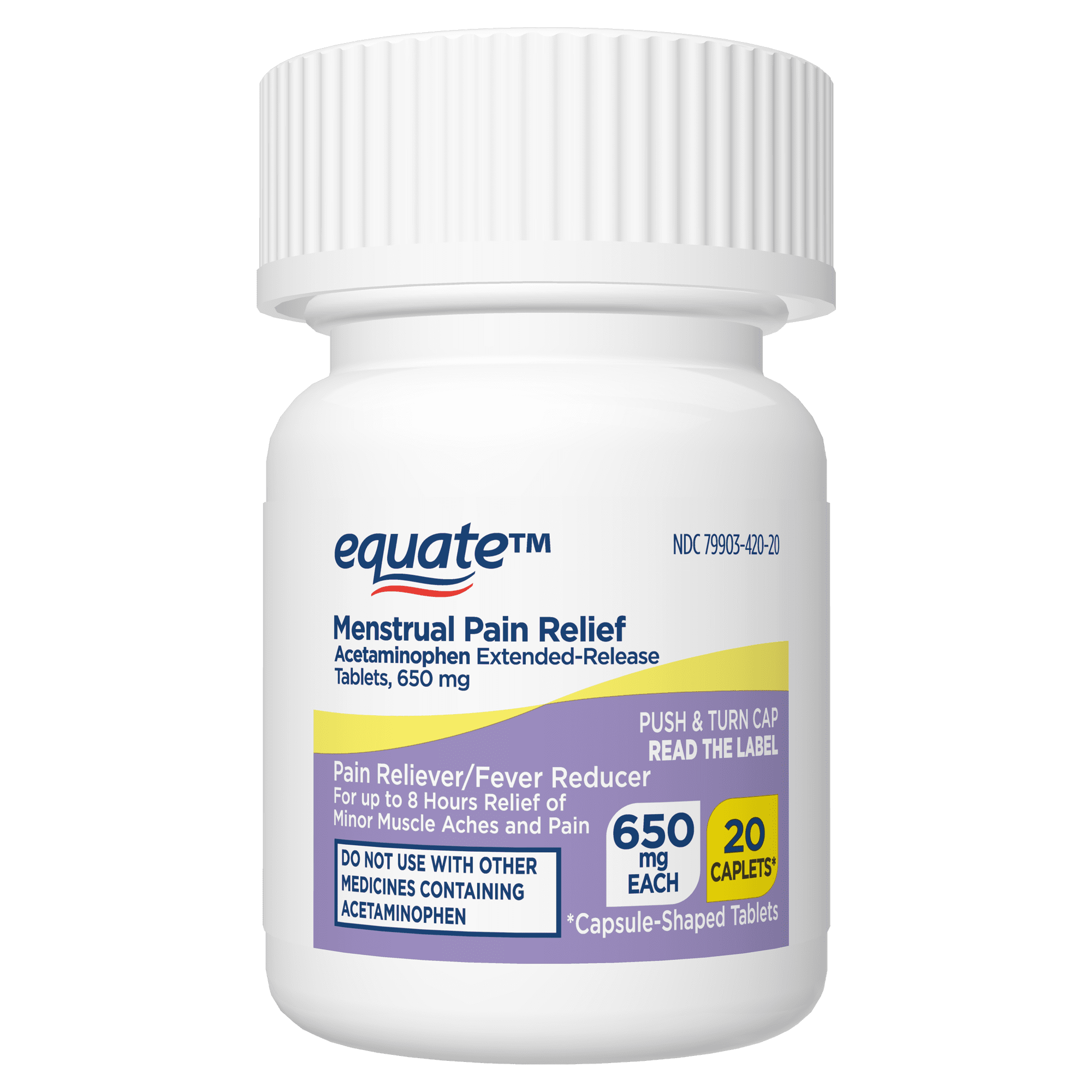 (6 pack) Equate Menstrual Pain Long Lasting Relief Caplets, Extended-Release Acetaminophen, 8 Hour Relief, 20 Count