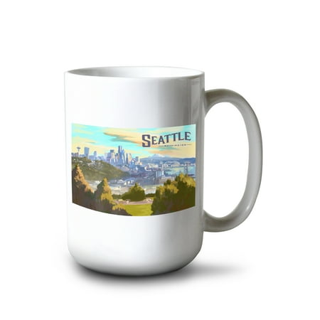 

15 fl oz Ceramic Mug Seattle Washington Skyline Oil Painting Dishwasher & Microwave Safe