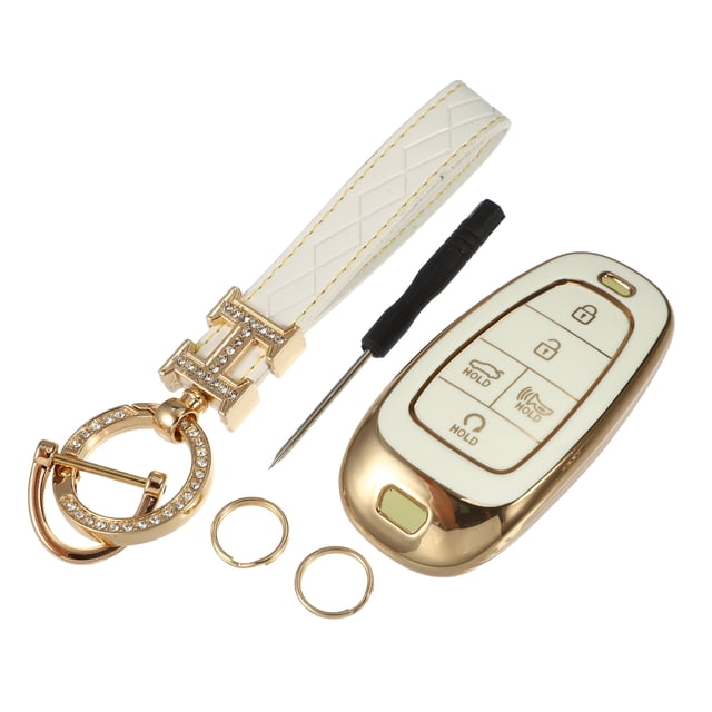 Kit de funda para llave compatible con Sonata Tucson 2020-2022, 5 botones, borde dorado, moderno, suave, TPU, blanco, mando a distancia, sin llave, inteligente, con llavero