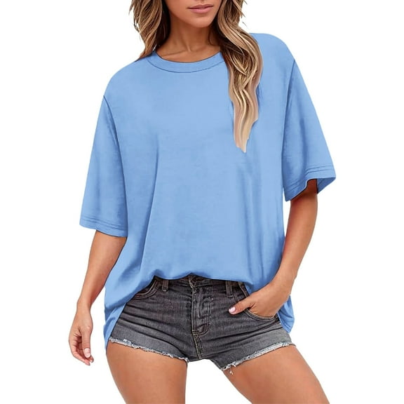Cqxid525 Short Sleeve Tops For Women Summer Tops For Women Short Sleeve Crewneck Oversized T Shirts Trendy Solid/Flower Printed Beach Vacation Clothes Blue L