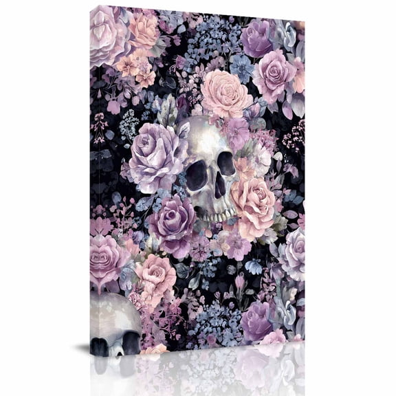 Canvas Wall Art, Halloween Skull Framed Canvas Prints for Kitchen Bedroom, Vintage Colorful Rose Floral Wildflower Small Gallery Wrapped Wall Decor for Home Office, Gifts, 8"x12" Ship Next Day