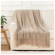 BATTILO HOME Knit Throw Blanket Soft Lightweight Diamond Textured Decorative Blanket with Tassel for Bed, Couch (Khaki, 50"x60")