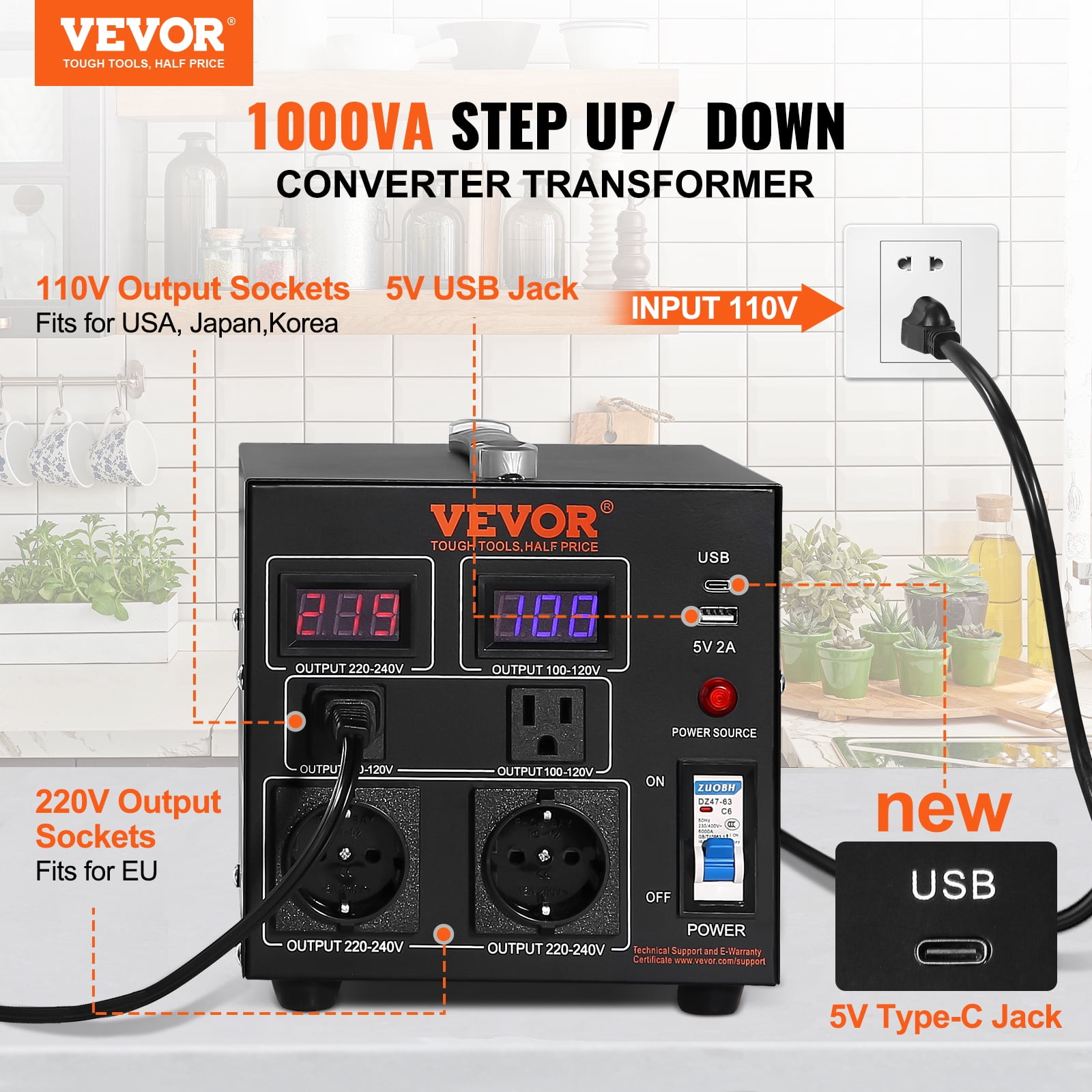 BENTISM 1000W 2 LED Voltage Converter Transformer Step Up/Down 220V-110V /110V-220V