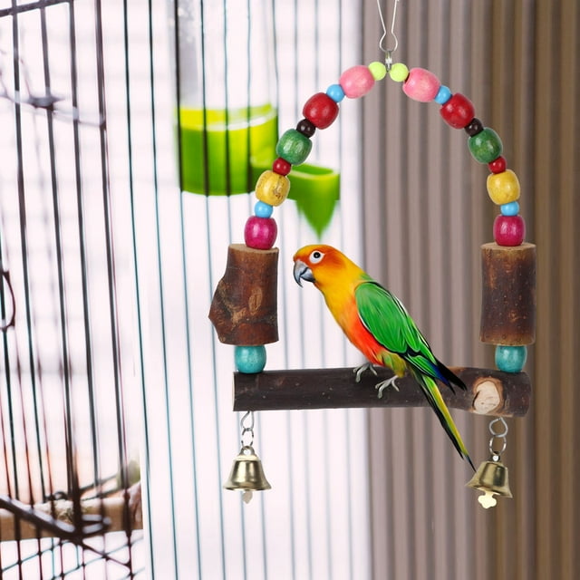 Soporte de madera para jaula de pájaros, columpio colgante para loros con cuentas coloridas, estante de descanso para campana, juguete