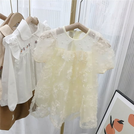 

Aayomet Princess Dresses For Girls Girls Dress Summer New Princess Wind Stereoscopic Flower Bubble Sleeve Fashion Fairy Dress Beige 4-5 Years