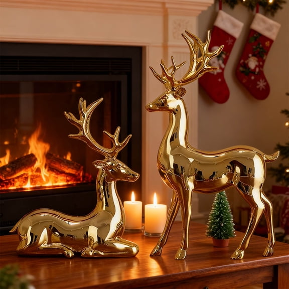Fareti 2Pcs Gold Reindeer Christmas Decor Set, Deer Figurine for Table Home Decor, Golden Table Decor, Deer Decor, Gold