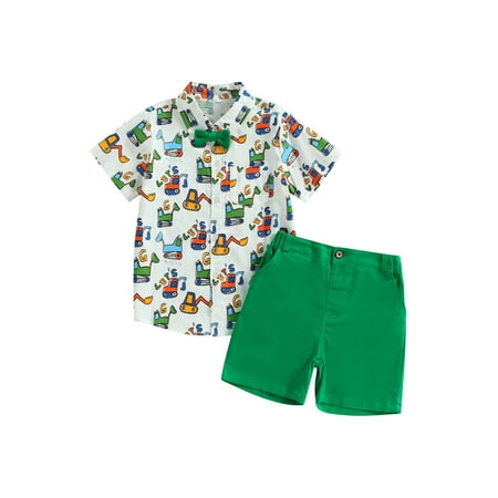 

Toddler Kids Boy Summer Outfits Button Down Short Sleeve Excavator Print Shirt Top Shorts 2Pcs Set