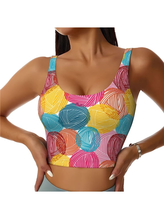 Colorful Wool Balls for Sports Bra with Removable Pads, Crop Tank Top Design, Women's Longline Sports Bra - Non-Wired - Large