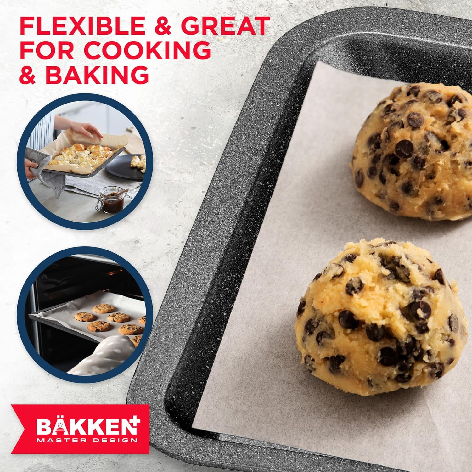 Bakken- Swiss 3-Piece Kitchen Baking Pan Set - Commercial Grade Carbon Steel Bakeware with Nonstick Coating, Stackable and Space-Saving Design, Oven Safe Tray (up to 450°F), Gray Marble