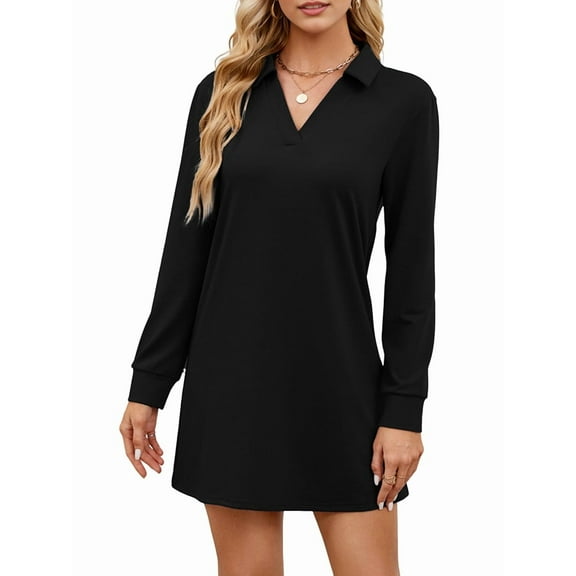 Women'S Autumn Dress 2025 Lapel Long Sleeve Casual Loose V-Neck Solid Color Sports Sweater Dress Black L