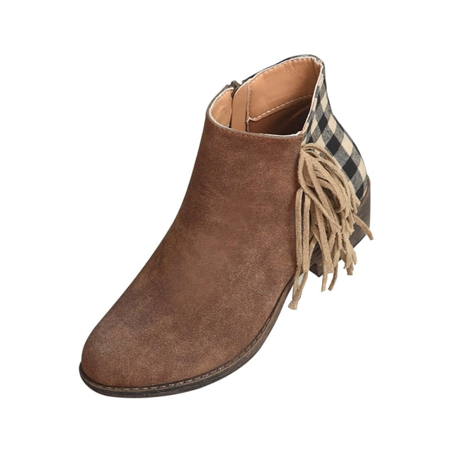 Bottes Cheville pour Femmes Décontractées Mode à Franges à Carreaux à Franges à Empiècements Rétro en Suède Givré à Talon Moyen