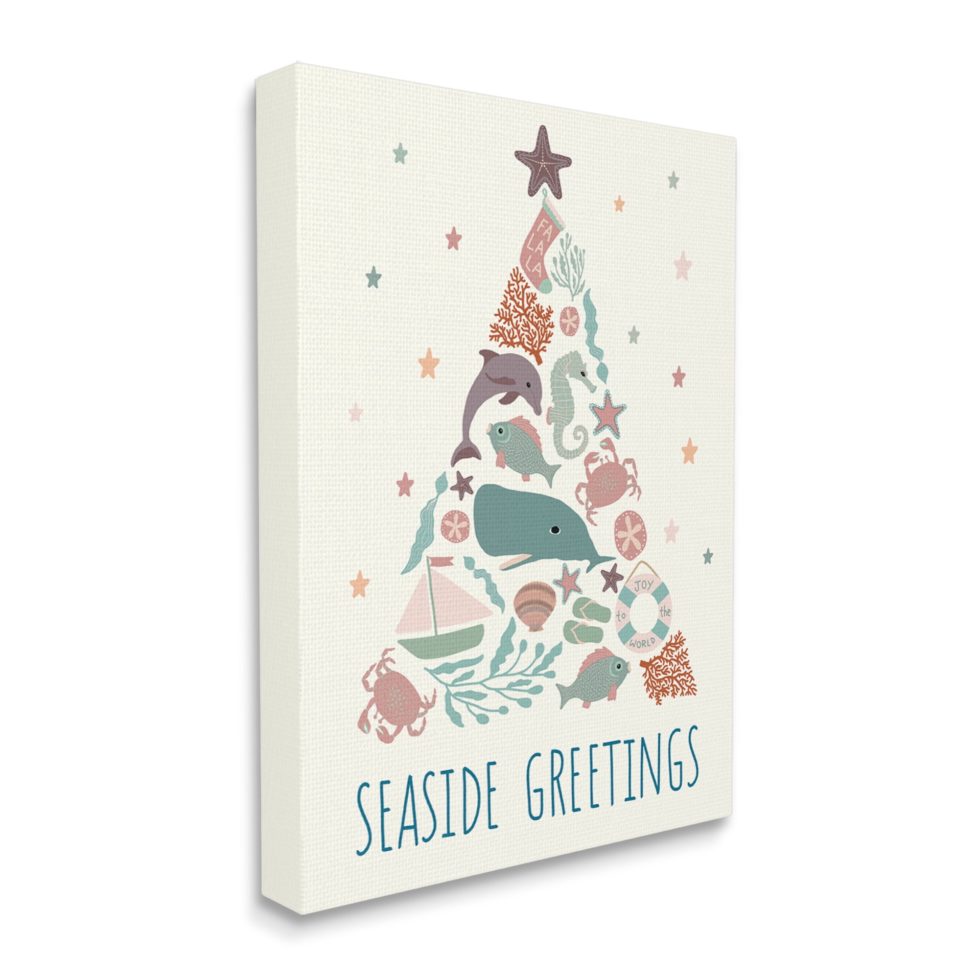 Seaside Greetings Aquatic Animals Botanicals Christmas Tree Coastal Graphic Art Gallery-Wrapped Canvas Print Wall Art