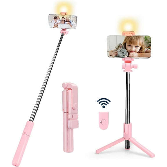 Selfie Stick with LED Light, Wireless Remote Shutter Button and Tripod Base - Pink