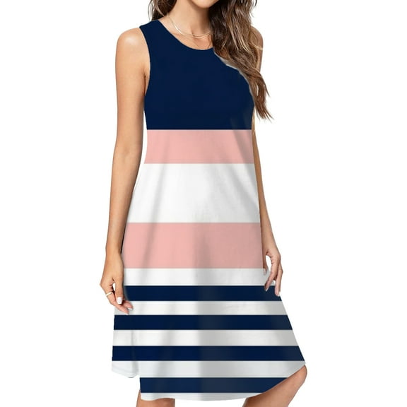 Pink White Navy Stripes Design Spring Summer Dresses For Women Fashion Dress Casual Sleeveless Loose Sundress With Pockets