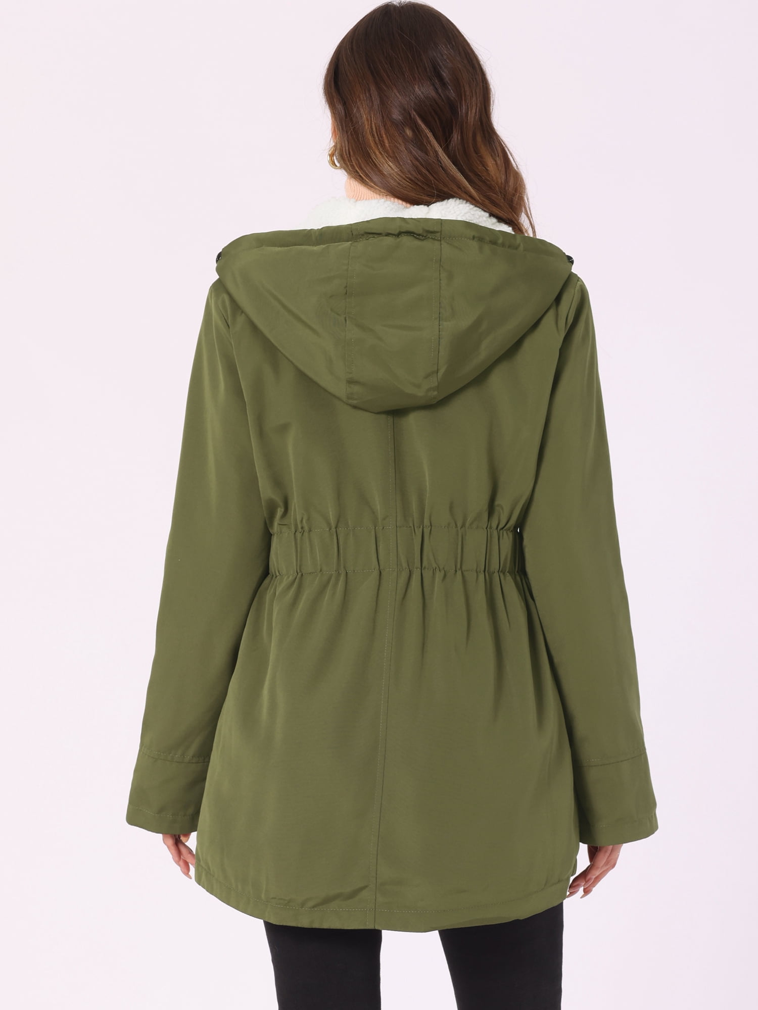 DARING DIVA Women's Winter Coat with Faux Fur Hood and Multiple Pockets XS Army Green
