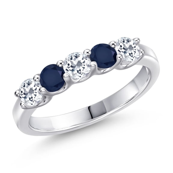 Gem Stone King 925 Sterling Silver White Topaz and Blue Sapphire Wedding-Bands Ring for Women | 1.09 Cttw | Round 3.5MM | Gemstone November Birthstone | Size 5
