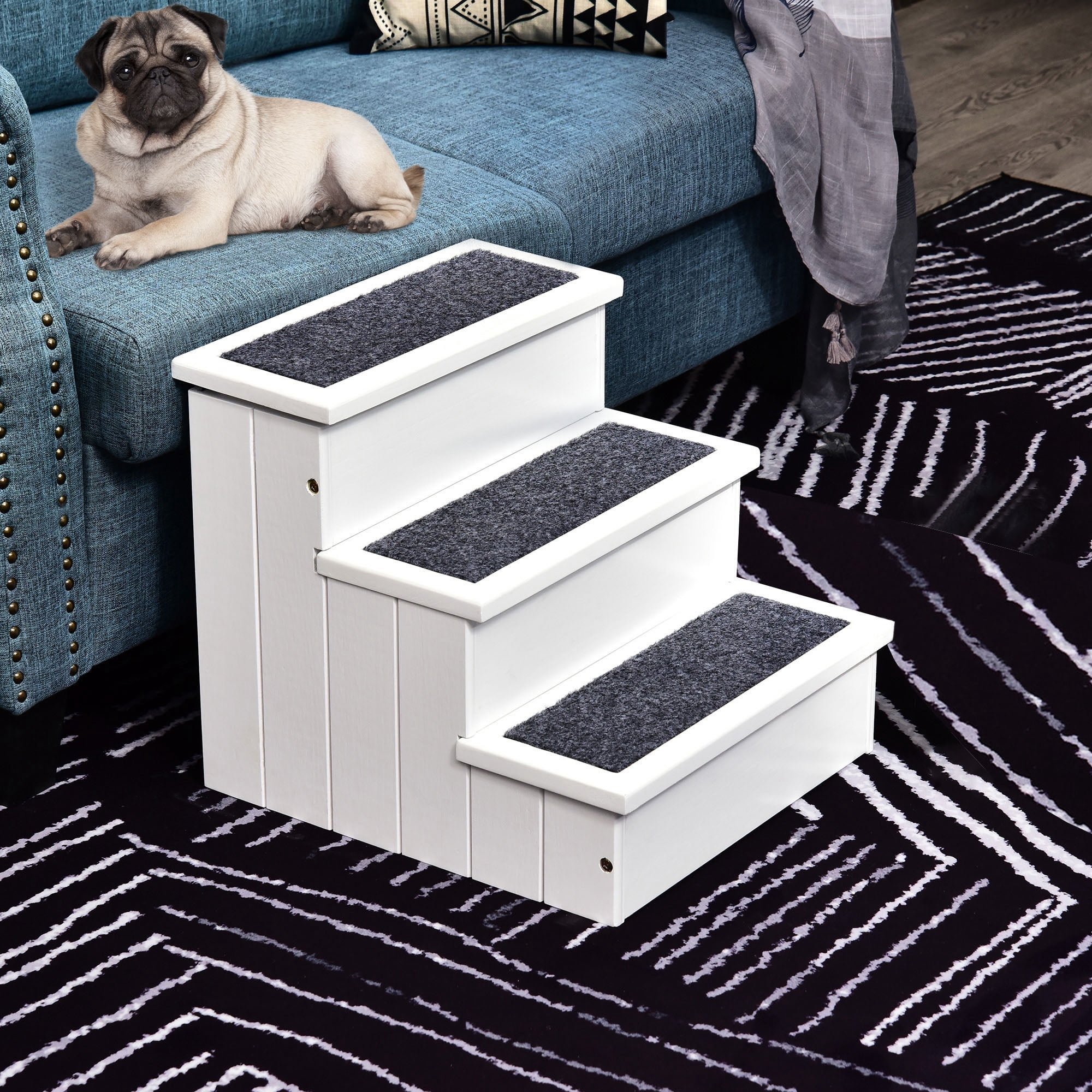 3 Step Wooden Carpeted Non Slip Pet Stairs Ramp for Cats and Small Dogs - White