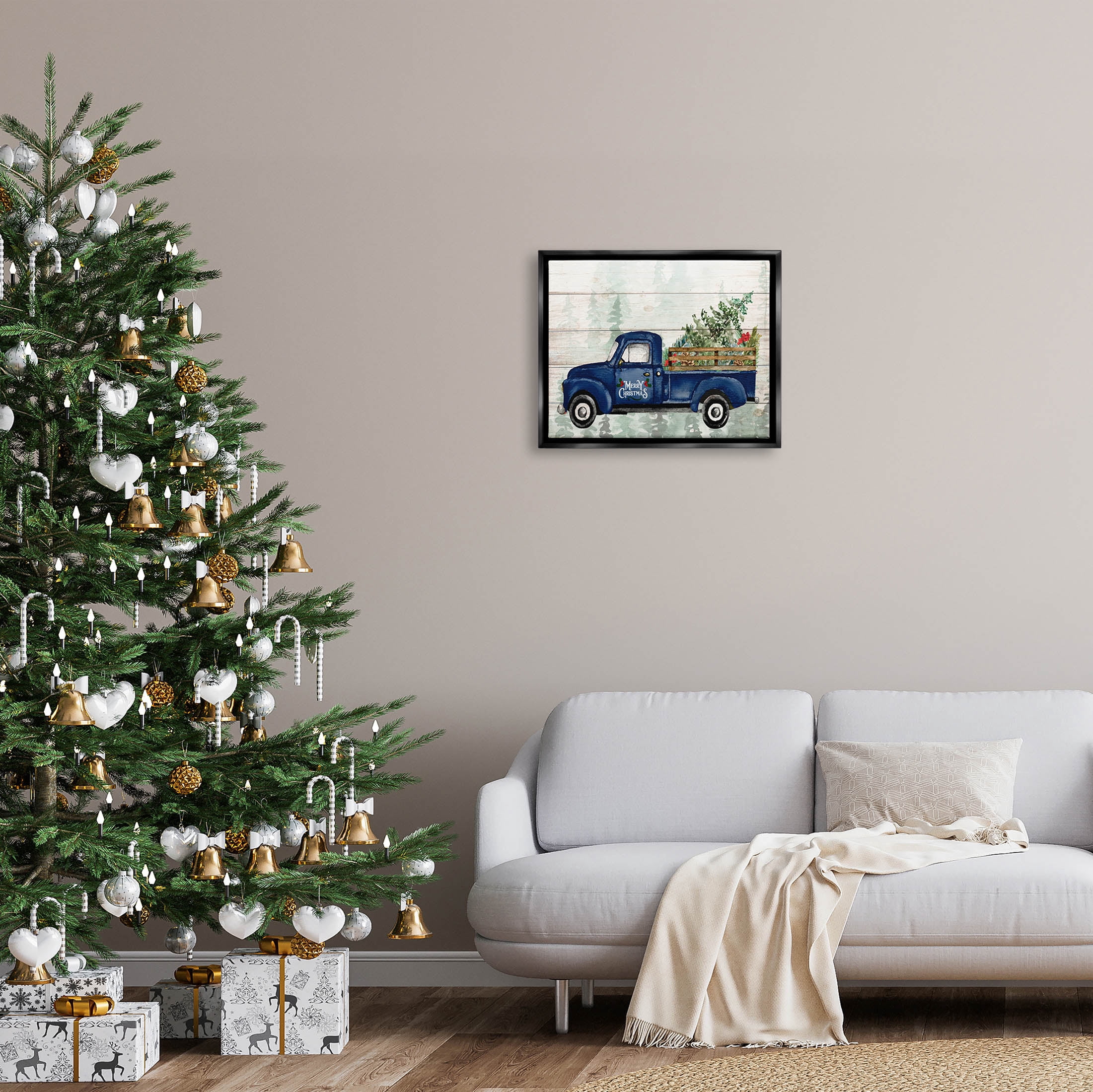 Stupell Industries Merry Christmas Blue Holiday Truck Graphic Art Jet Black Floating Framed Canvas Print Wall Art, Design by Kim Allen
