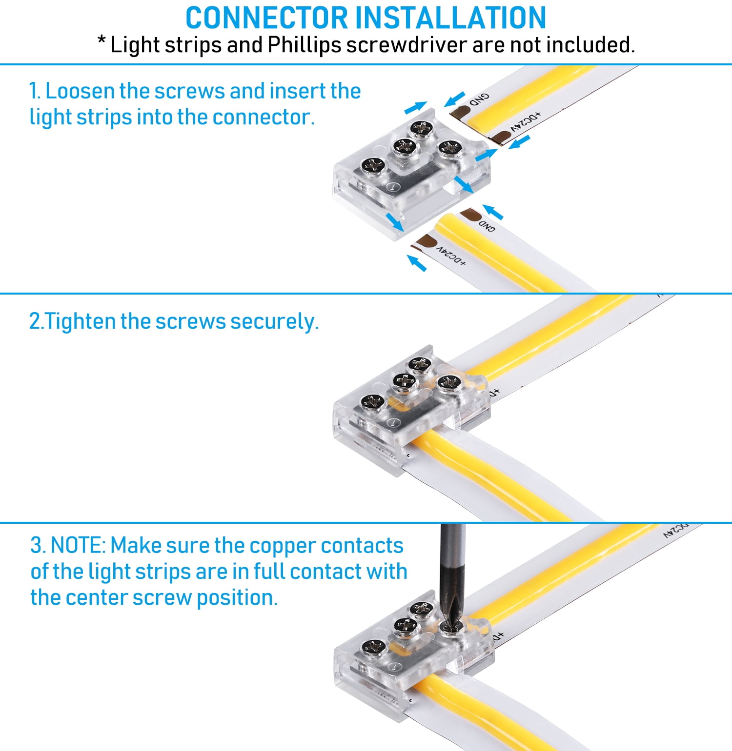 2 Pack 2 Pin 10mm LED Strip Light Connectors UL Listed, T & L Shape Two-in-One Design, Strip to Strip Corner Connection Transparent Gapless Solderless Unwired Clips