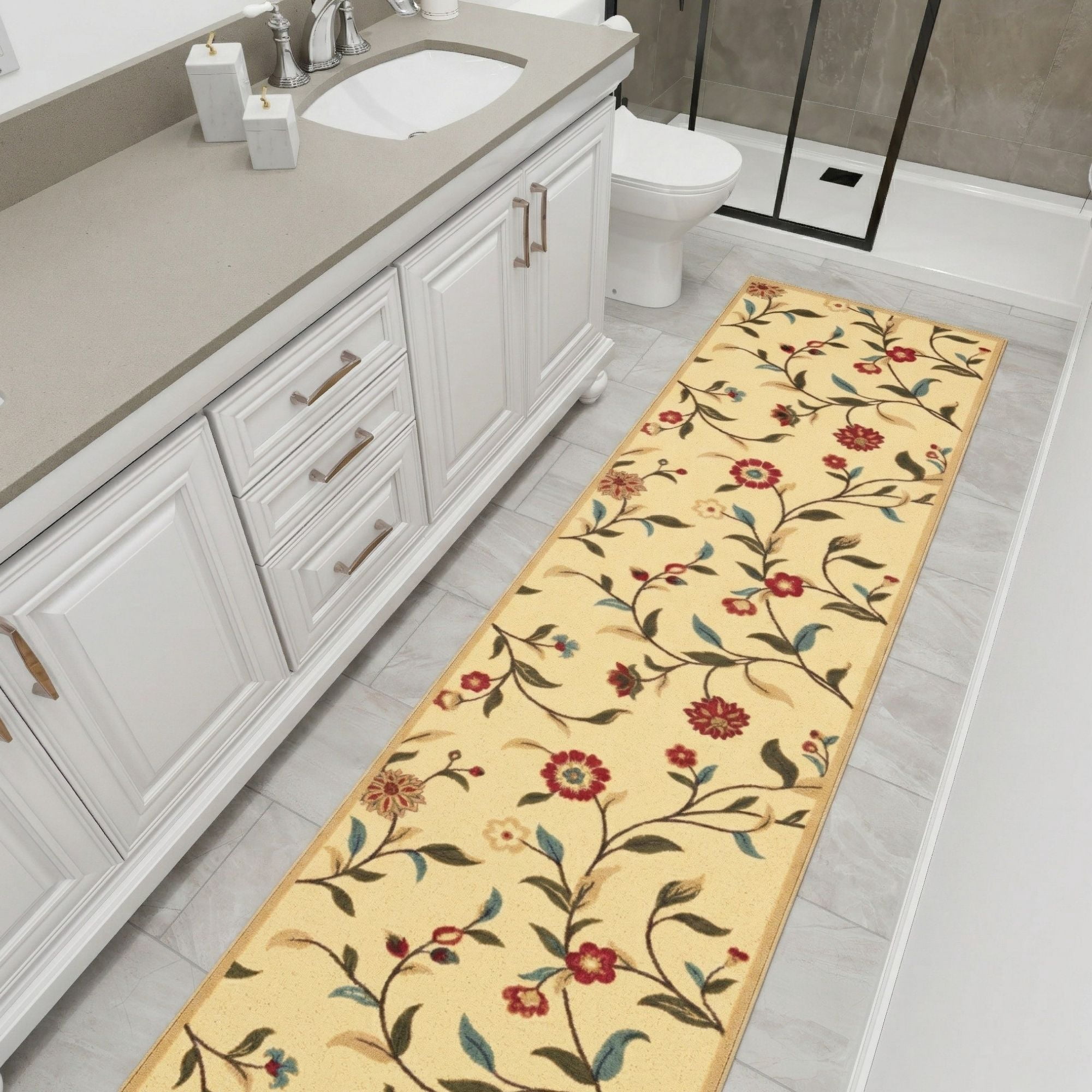 Ottomanson Extra Long Runner Rug 2'7" x 41' – Non-Slip Low Pile Hallway Carpet, Floral Beige