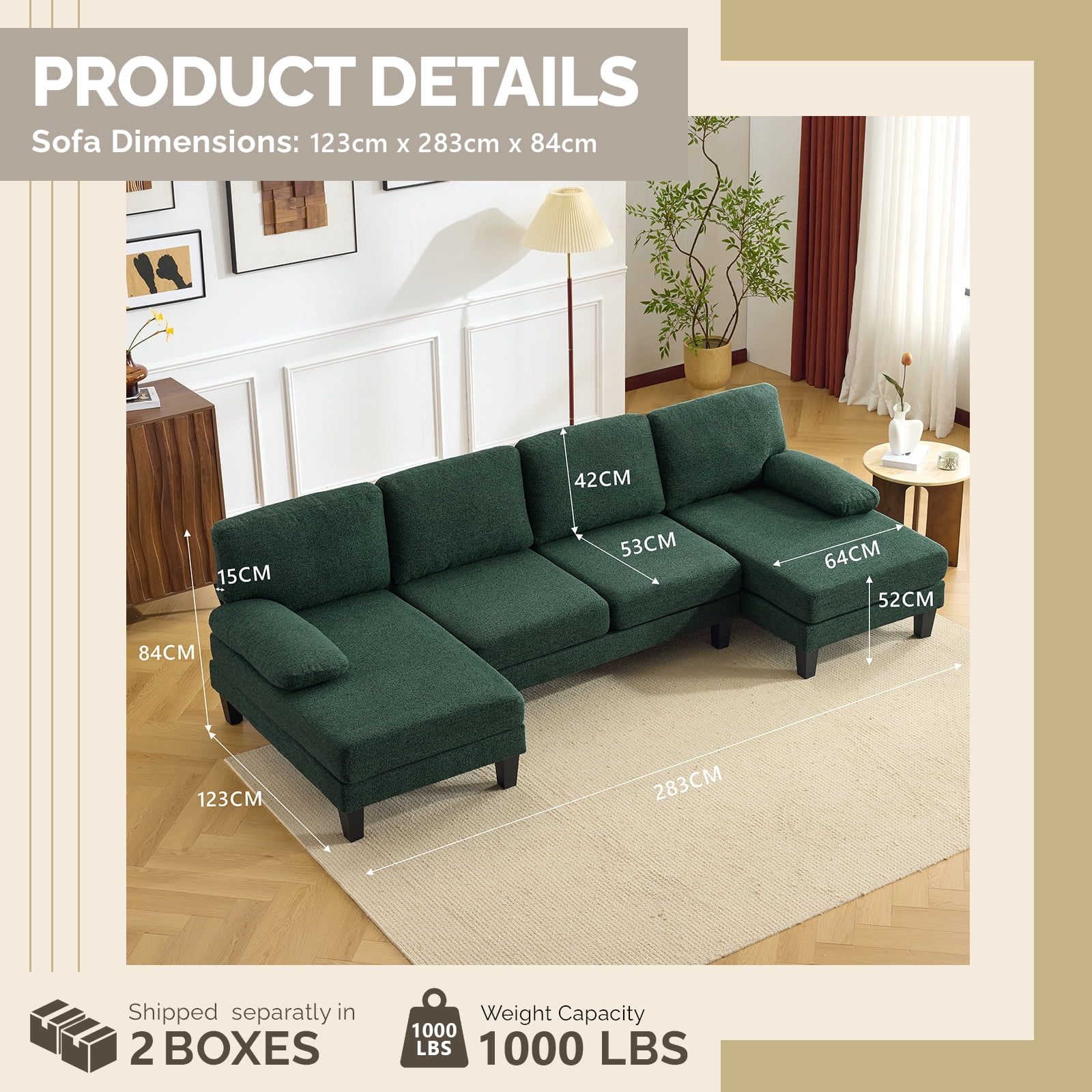 U-Shaped Convertible Sectional Sofa with 2 Chaise Lounges, 4-Seater Modular Couch with Removable & Washable Chenille Covers, L-Shaped Couches for Living Room Apartment, Heavy Duty Plastic Legs
