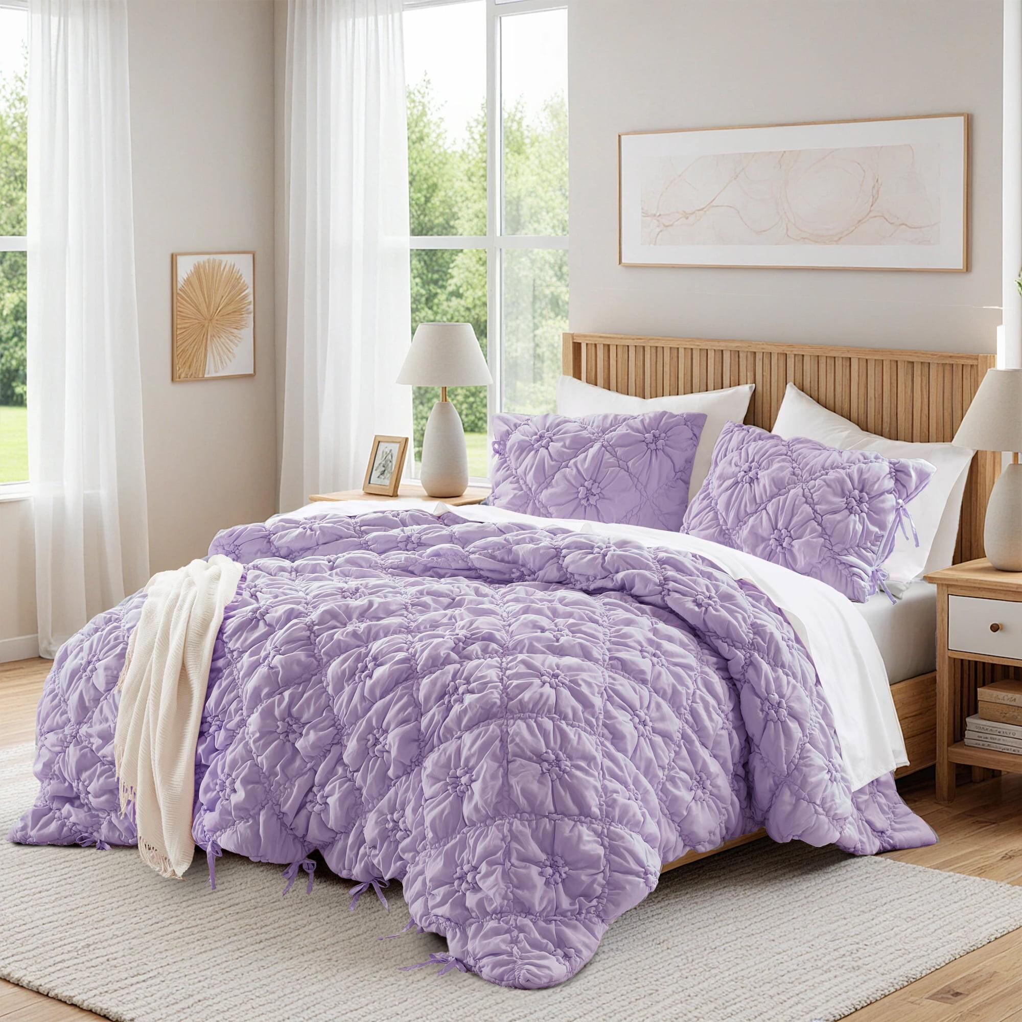 Regency Heights King Textured Floral Comforter Set, Puffy Bow Tie Dorm Bedding Sets, 3-Piece Purple Elastic Ruching Comforter Bed Set with Sham for All Season