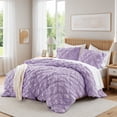 thumbnail image 3 of Regency Heights King Textured Floral Comforter Set, Puffy Bow Tie Dorm Bedding Sets, 3-Piece Purple Elastic Ruching Comforter Bed Set with Sham for All Season, 3 of 10