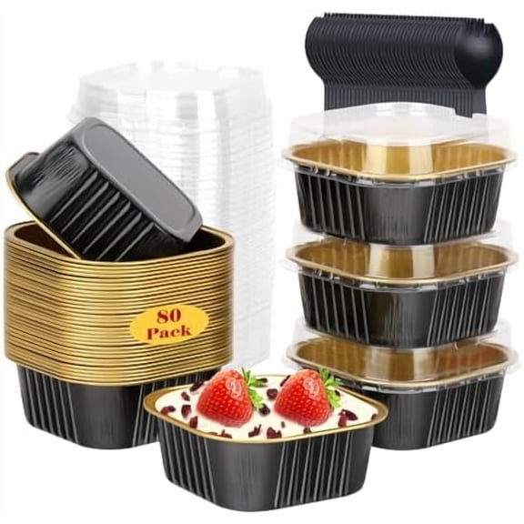 5oz/80pack Mini Cake Pans with Lids, Disposable Ramekins Muffin Tins Cupcake Baking Cups,Small Aluminum Foil Brownie Baking Pan Containers Mini Cheesecake Holders-Black