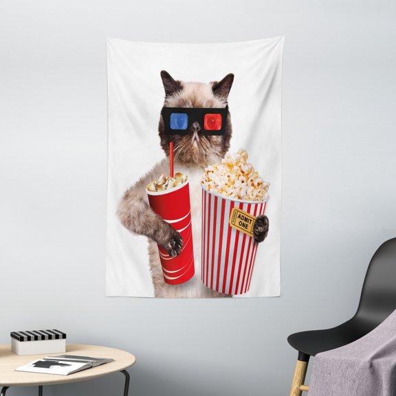 Movie Theater Tapestry, Cat with Popcorn and Drink Watching Movie Glasses Entertainment Cinema Fun, Wall Hanging for Bedroom Living Room Dorm Decor, 40W X 60L Inches, Multicolor, by Ambesonne