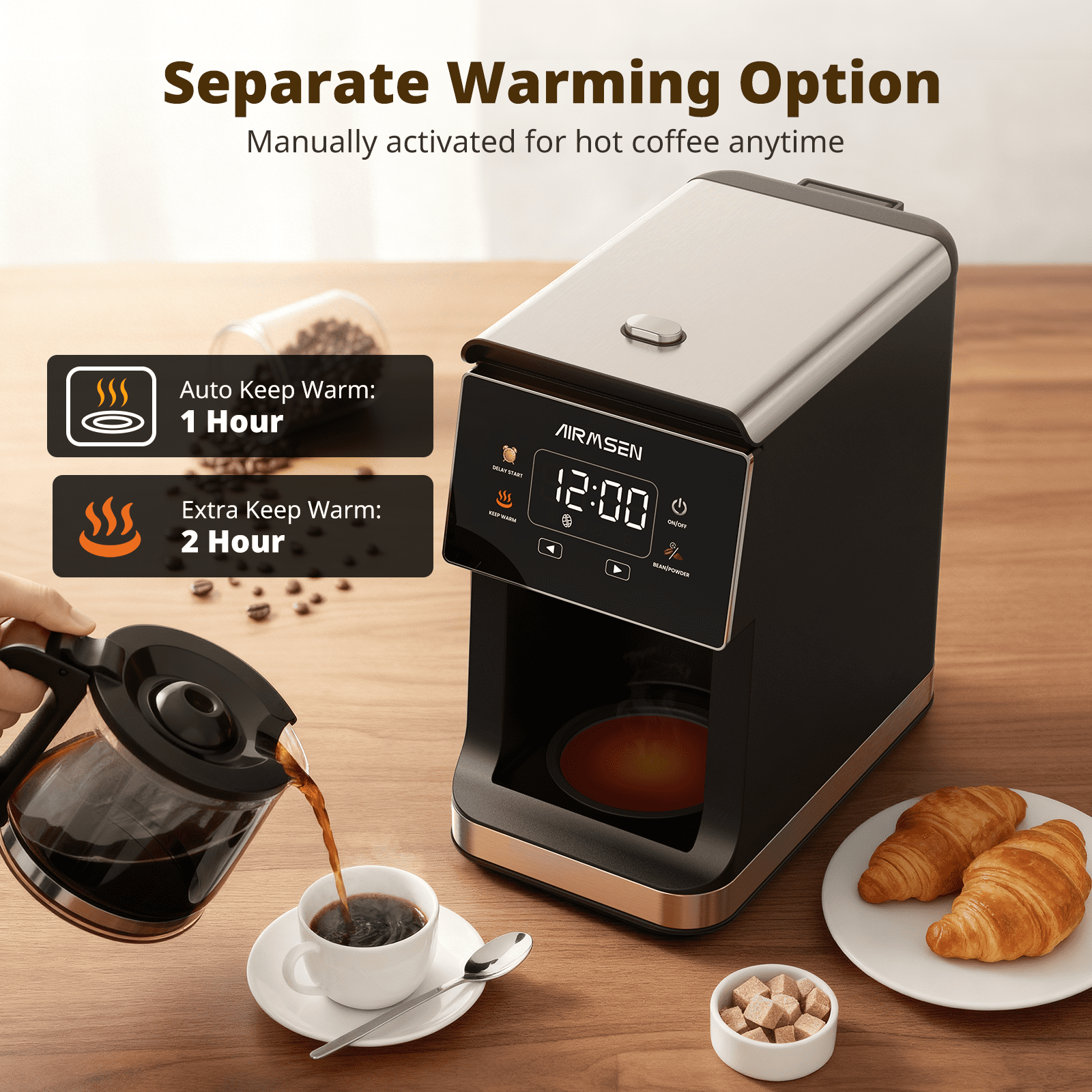AIRMSEN 2 in 1 Drip Coffee Maker with Grinder, Compact 5-Cup Programmable Coffee Machine, 3 Grind Settings, 24-Hour Delay Brew & Extended Keep Warm