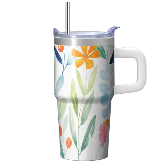 Floral Themed 20oz Tumbler with Handle, Insulated Stainless Steel Travel Coffee Mug, Comes with Straws and Leak-proof Top, Gift for Women