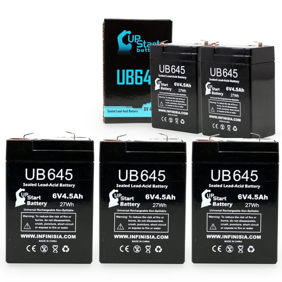5x Pack - Compatible Protection One BT1040N Battery - Replacement UB645 Universal Sealed Lead Acid Battery (6V, 4.5Ah, 4500mAh, F1 Terminal, AGM, SLA) - Includes 10 F1 to F2 Terminal Adapters