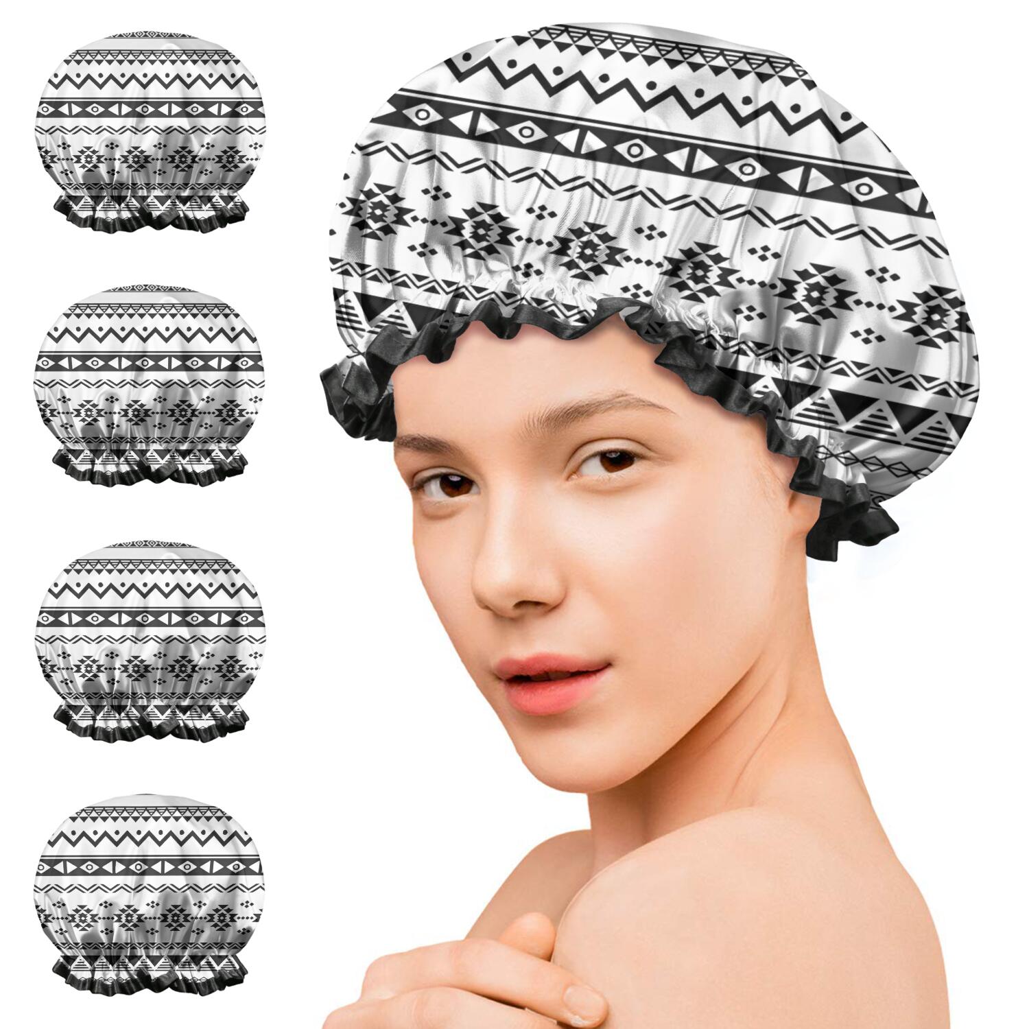 Shower Caps,Black Geometric Striped Pattern Waterproof Shower Cap for Women 4 Pieces,Double Reusable Hair Cover for Shower PEVA Elastic Stretch Hem