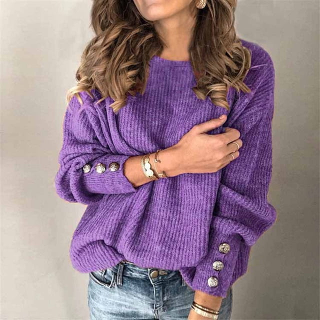 Simua Chandails pour Femmes 2024 Mignons Élégants Doux Col Rond Manches Longues Tricot Bouton Chandail Tops