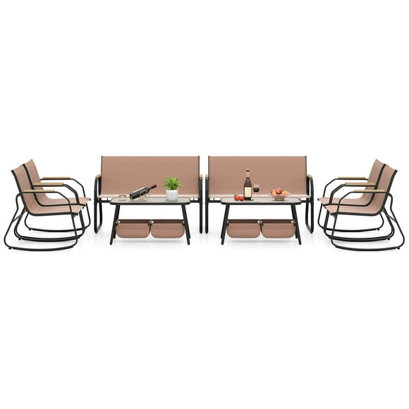 Costway 8 PCS Patio Furniture Set with 4 Rocking Bistro Chairs 2-Tier Coffee Table