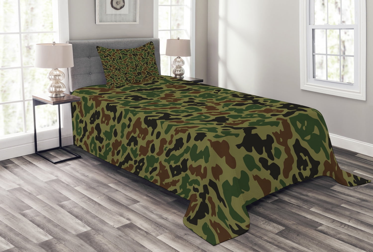 Camo Bedspread Set, Summer Camouflage Pattern Grungy Texture Hidden in