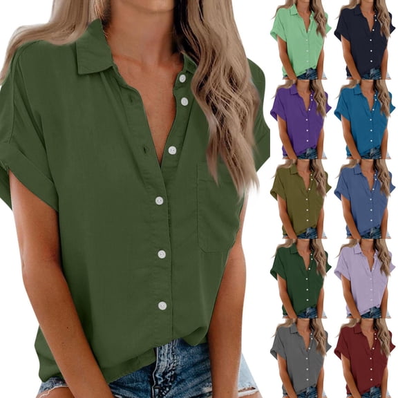 IYYVV Button Down Shirts for Womens Short Sleeve Blouses V Neck Collared Casual Summer Tops with Pockets Army Green S