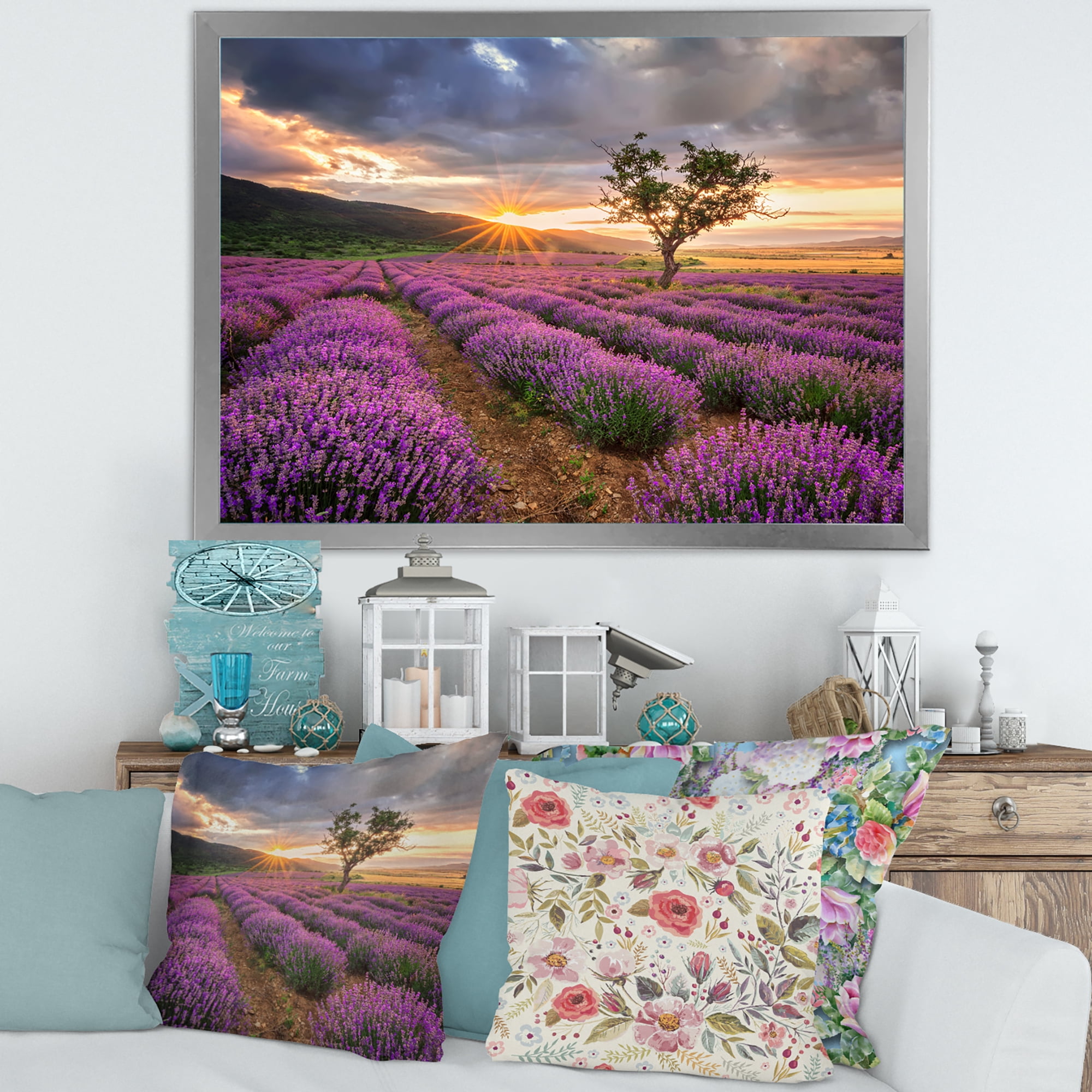 Designart 'Dramatic Clouds and Sunrise Over Lavender Field VIII' Farmhouse Framed Art Print