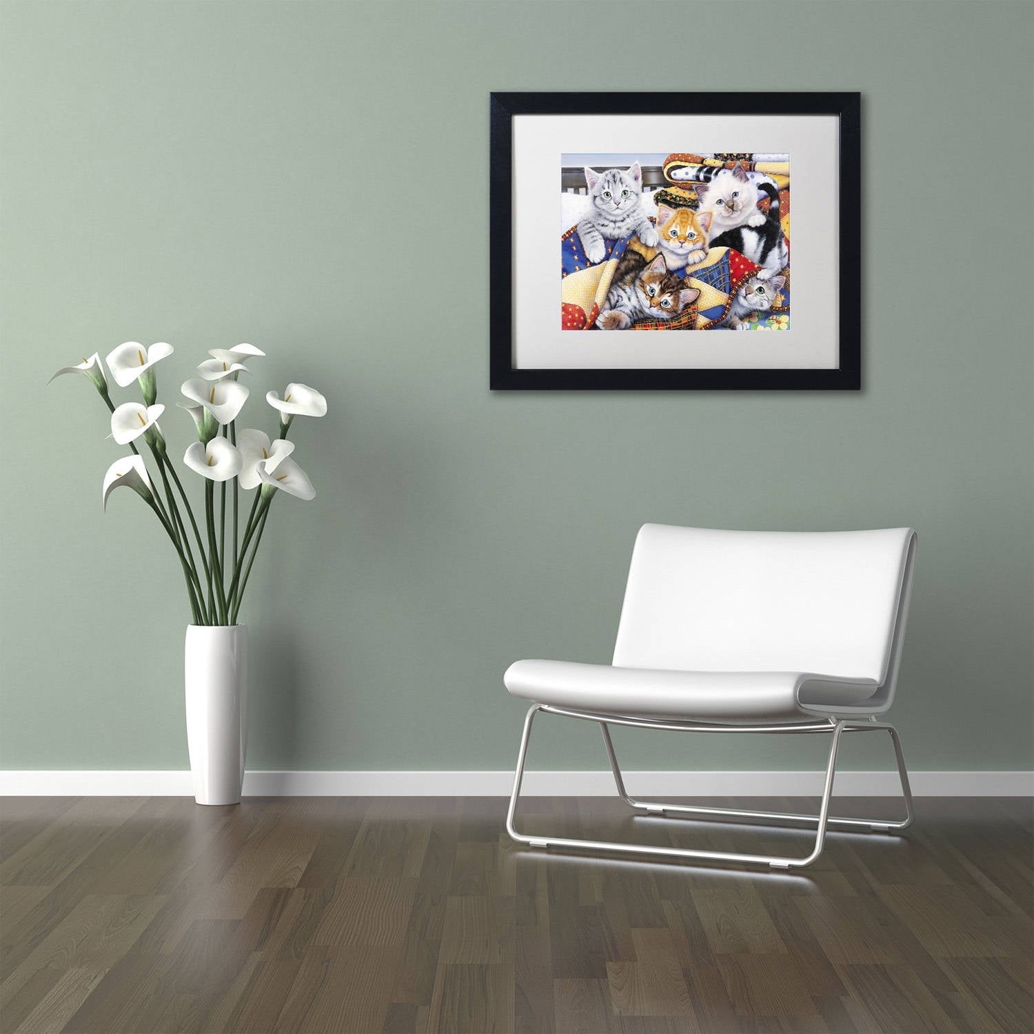Trademark Fine Art 'Cozy Kittens' Canvas Art by Jenny Newland, White Matte, Black Frame