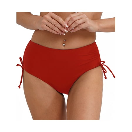 TiaoBug Womens Bikini Briefs Swimsuit Bottoms Side Drawstring Swim Shorts Beachwear Red L