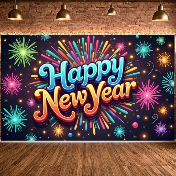 Colorful Fireworks Happy New Year Banner Festive New Year Banner Shiny Design Vibrant Colors Holiday Banner for New Year Party Holiday Celebration New Year's Eve Event