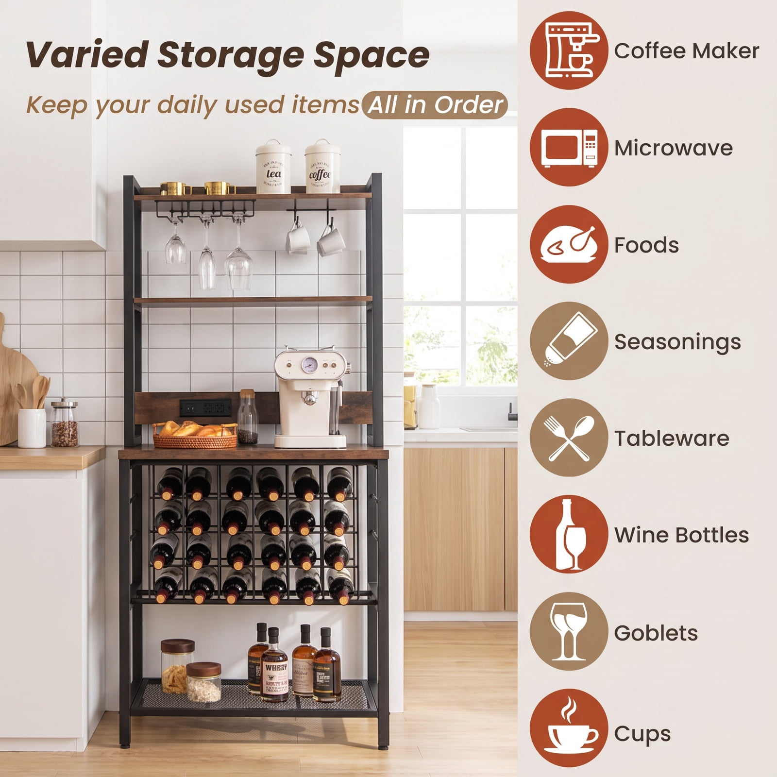 RUIE Wine Bar Cabinet with Power Outlets, Industrial Bar Cabinet with Wine Rack Glass Holders 4-Tier Storage for 24 Bottles, Kitchen Dining Room, Brown