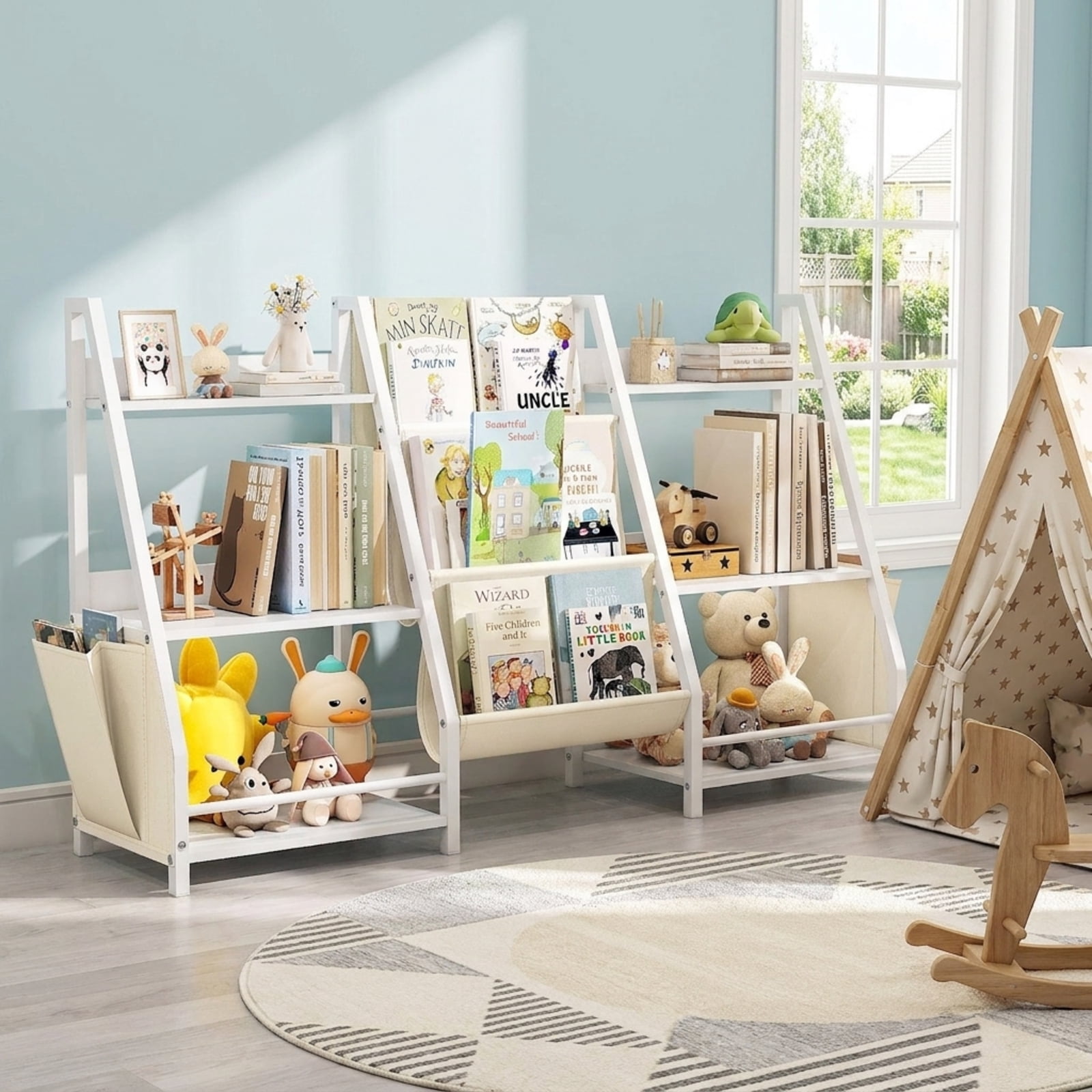 Fenbeli 3-Tier Kids Bookshelf Toy Storage Organizer with 2 Side Pockets for Bedroom and Nursery, White