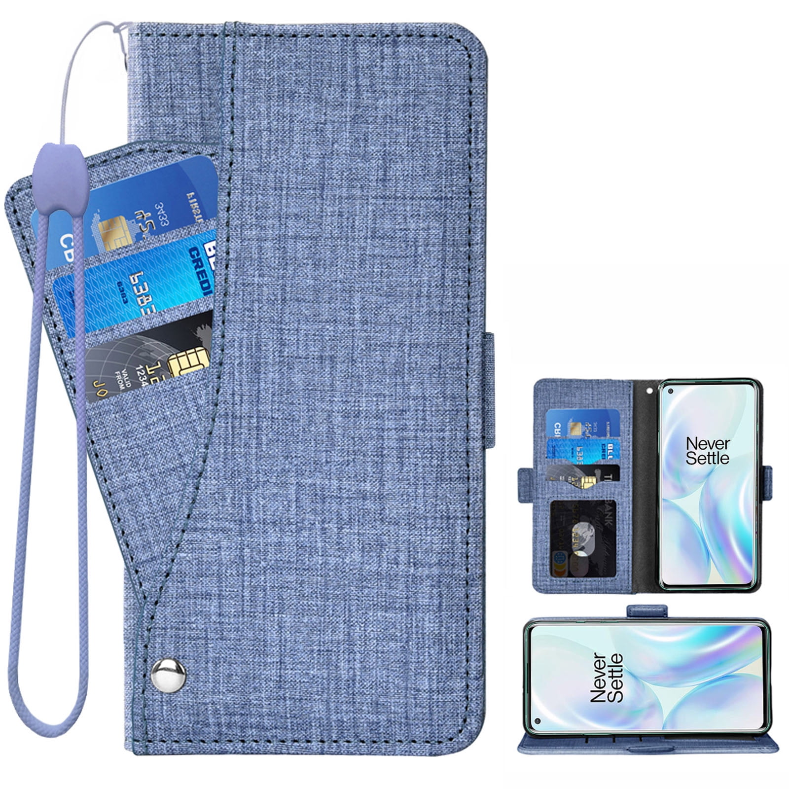 OnePlus 8 Case, iCoverCase Genuine Leather Wallet Case Slim Fit Folio Book Design with Stand and Card Slots Flip Case Cover for OnePlus 8 (Blue)
