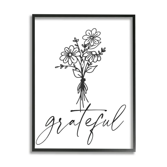 Stupell Industries Grateful Casual Script Calligraphy Floral Daisies Bouquet Graphic Art Black Framed Art Print Wall Art, Design by Lettered and Lined